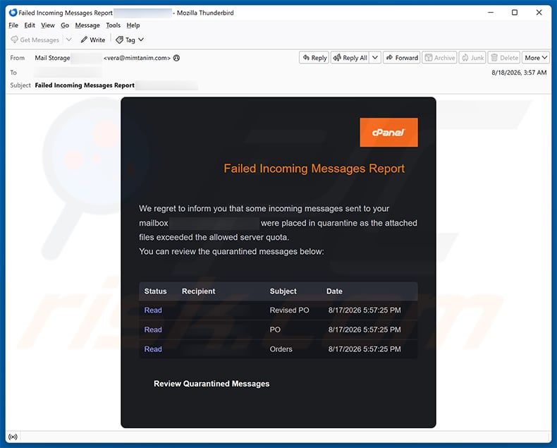 cPanel - Failed Incoming Messages Report email spam campaign