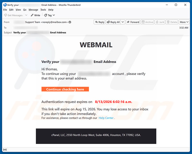 cPanel Roundcube - Email Verification scam (2026-08-13)