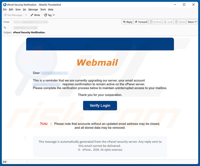 cPanel Server Upgrade Email Scam email spam campaign