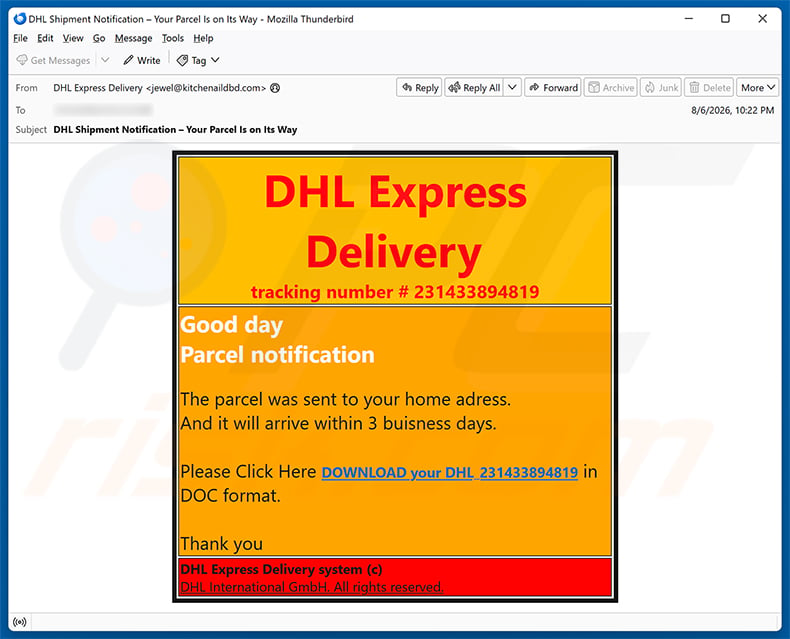 DHL Express - Parcel Sent To Your Home Address Email Scam