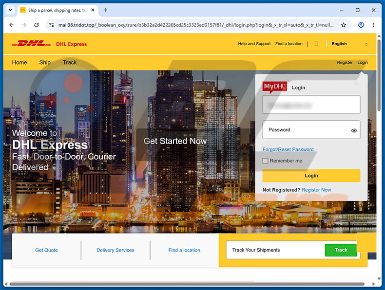 DHL Express - Parcel Sent To Your Home Address Email Scam phishing page