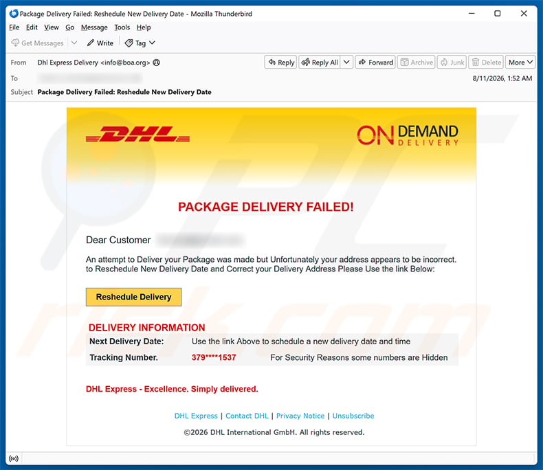 DHL Package Delivery Failed Email Scam email spam campaign