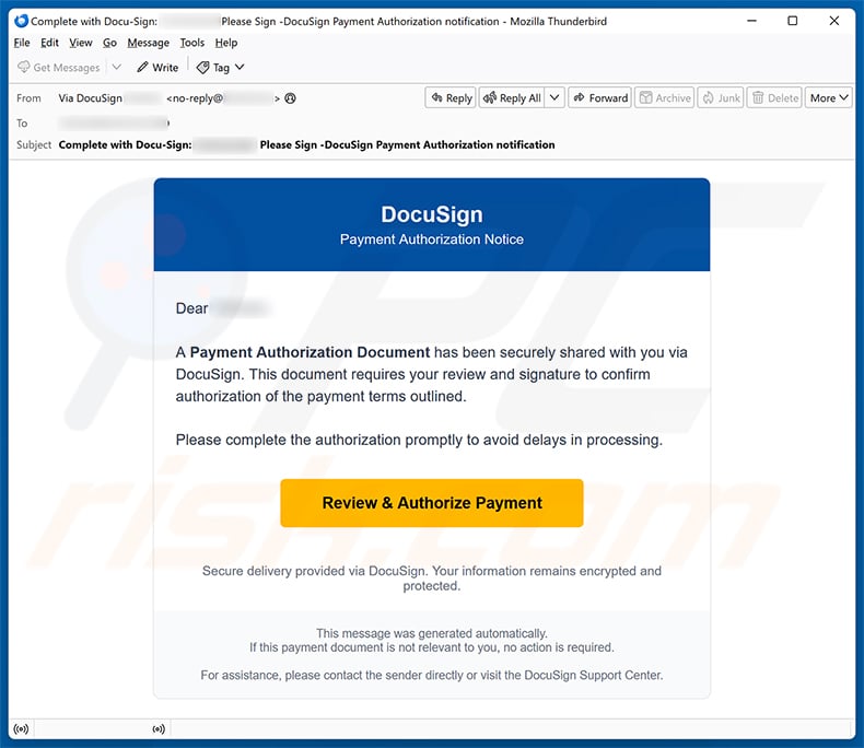 DocuSign - Payment Authorization Notice Email Scam email spam campaign