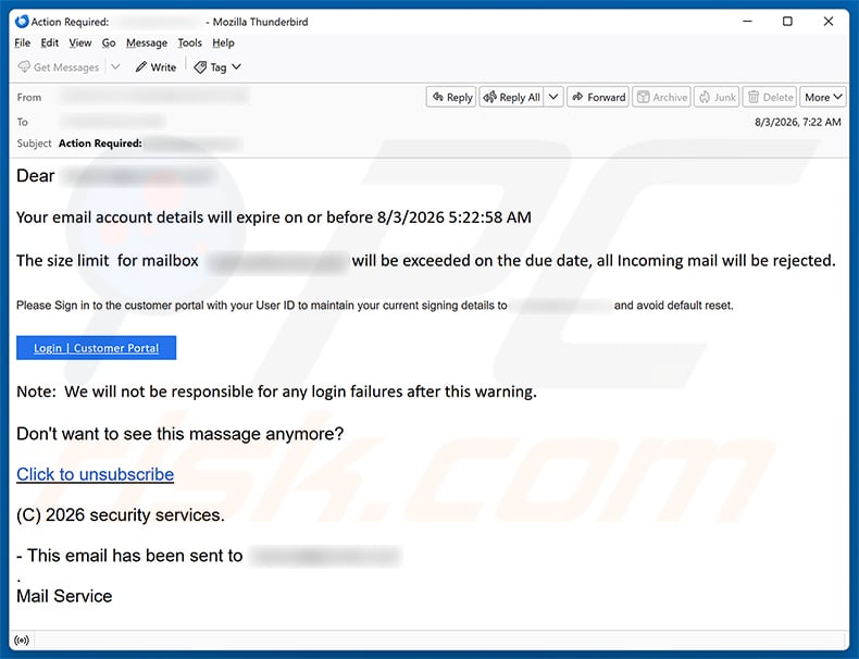 Email Account Details Will Expire Scam email spam campaign