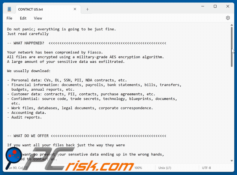 Fiasco Ransomware ransom note (CONTACT US.txt)