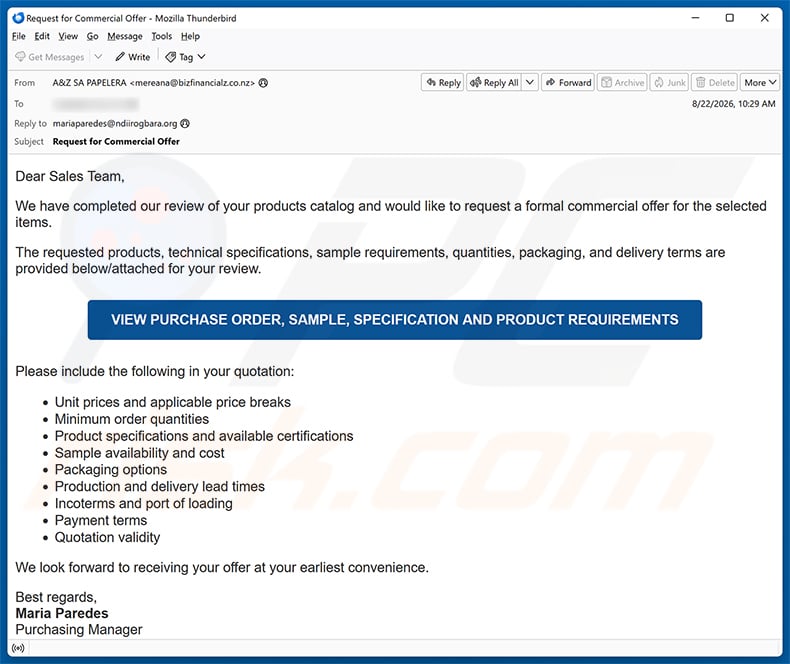 Formal Commercial Offer Email Virus email spam campaign