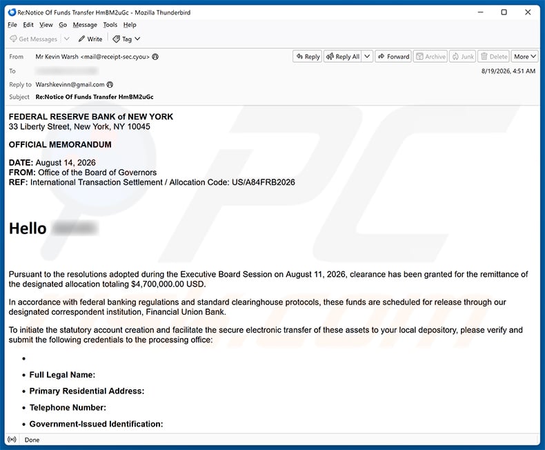 Fund Release email scam (2026-08-21)