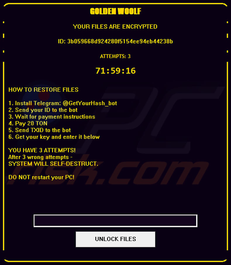 Golden Woolf ransomware pop-up window