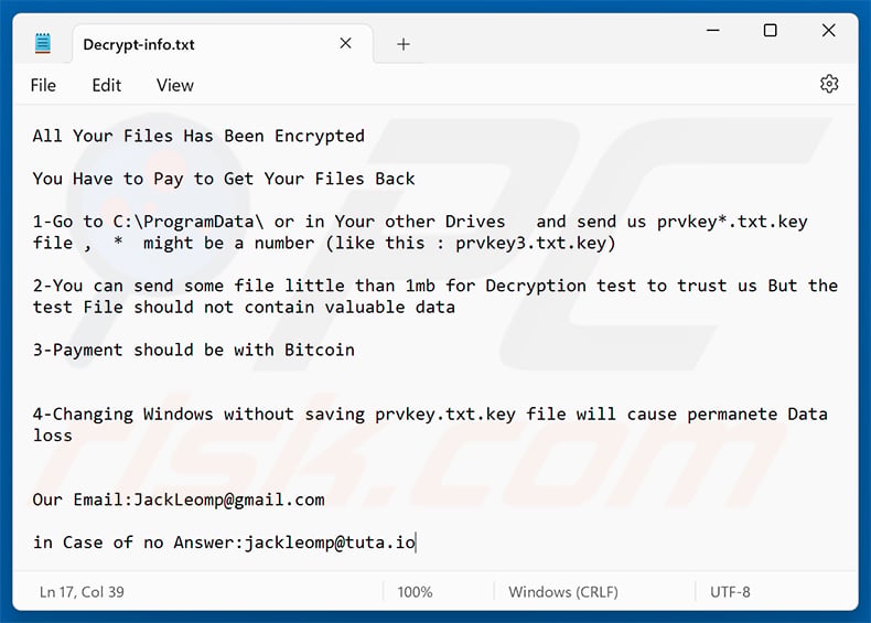 Grandeur ransomware ransom note (Decrypt-info.txt)