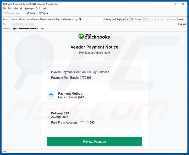 Intuit QuickBooks - Vendor Payment Notice Email Virus spam campaign