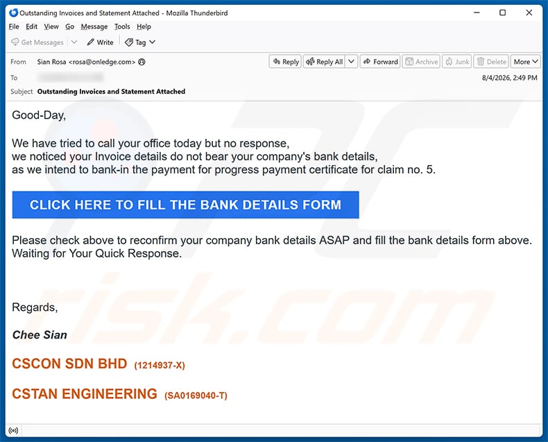 Invoice Do Not Bear Your Company's Bank Details email spam campaign