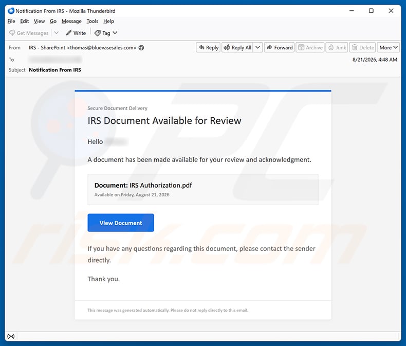 IRS Document Available For Review Email Scam email spam campaign