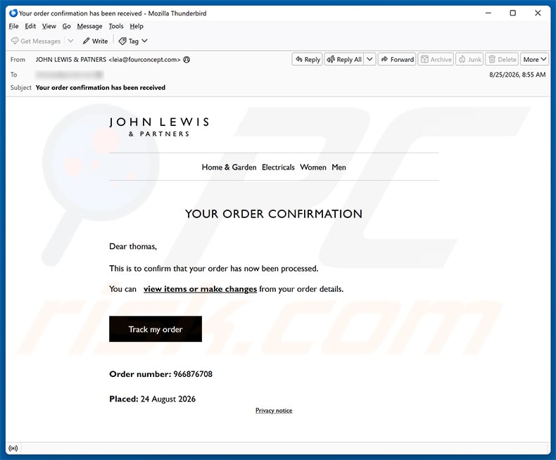 John Lewis & Partners Order Confirmation Email Scam email spam campaign