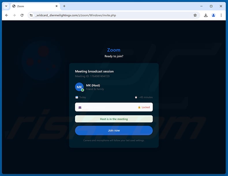 Phishing site promoted via Join Zoom Meeting email scam (2026-08-27)