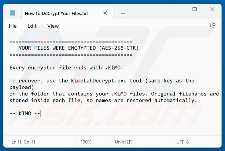 KIMO ransomware ransom note (How to DeCrypt Your Files.txt)