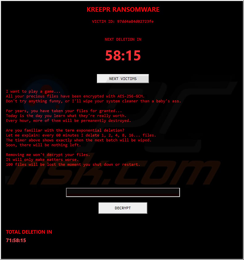 Kreepr Ransomware pop-up window (ransom note)