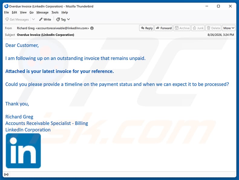 LinkedIn - Outstanding Invoice Email Scam