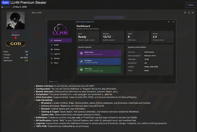 LLHN stealer promoted on hacker forums