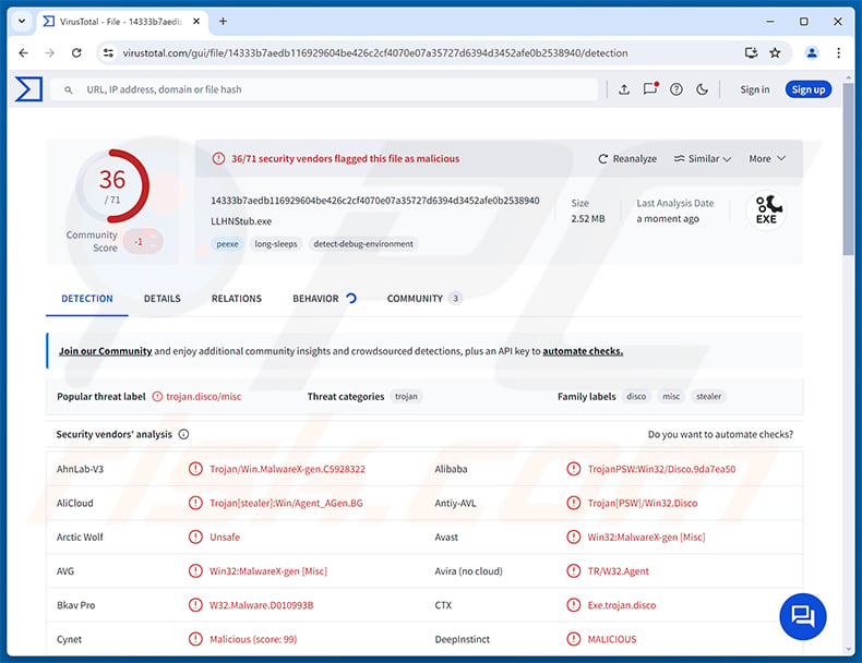 LLHN Stealer malware detections on VirusTotal