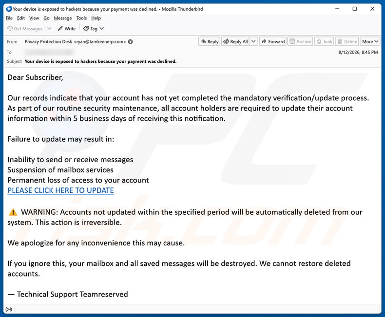 Mandatory Verification/Update Process Email Scam email spam campaign