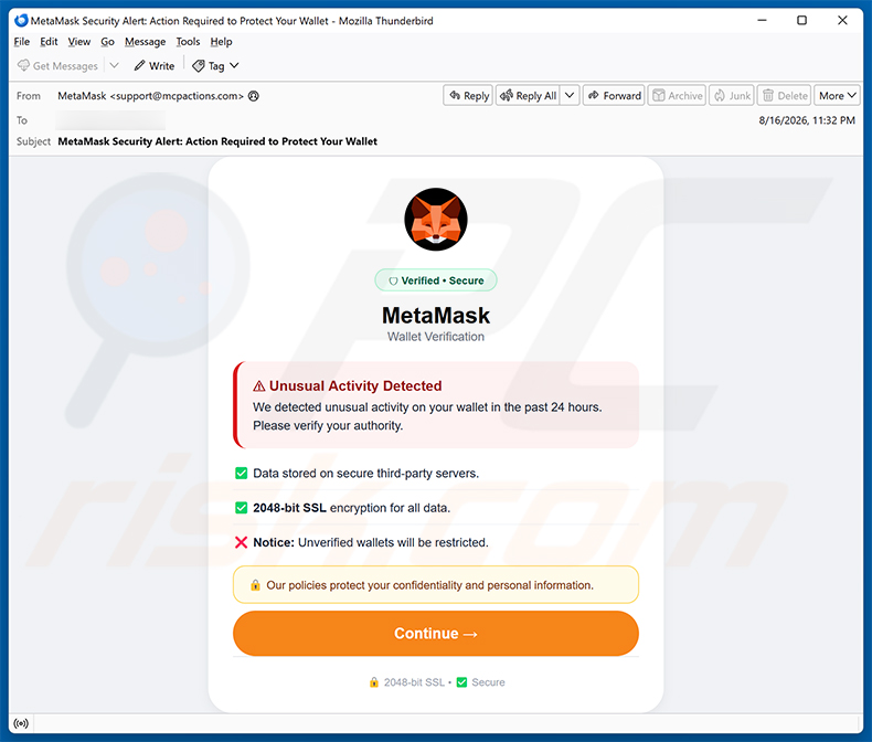 MetaMask Wallet Verification email scam (2026-08-18)