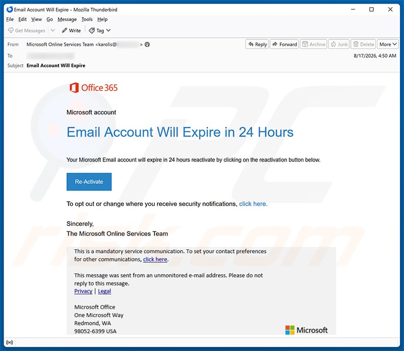 Microsoft Office 365 Email Account Will Expire Scam email spam campaign