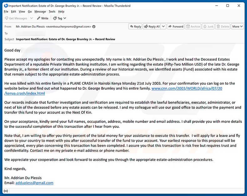 Next Of Kin email scam (2026-08-25)