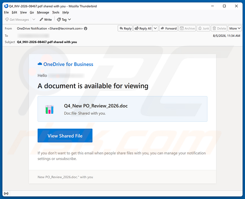 OneDrive Purchase Order email scam (2026-08-11)