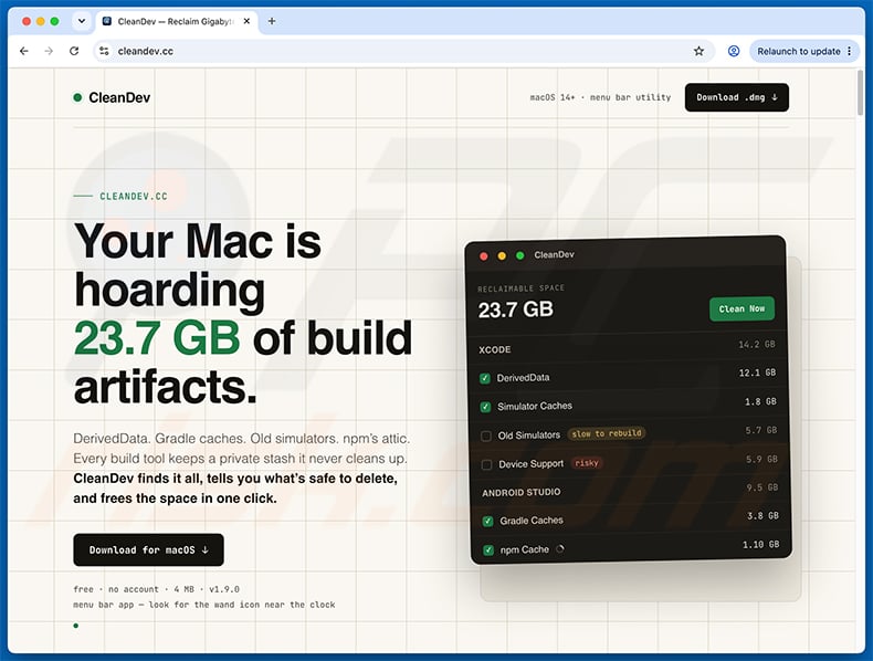 Fake DevCleaner website (titled CleanDev) spreading PamStealer via ClickFix - page 1