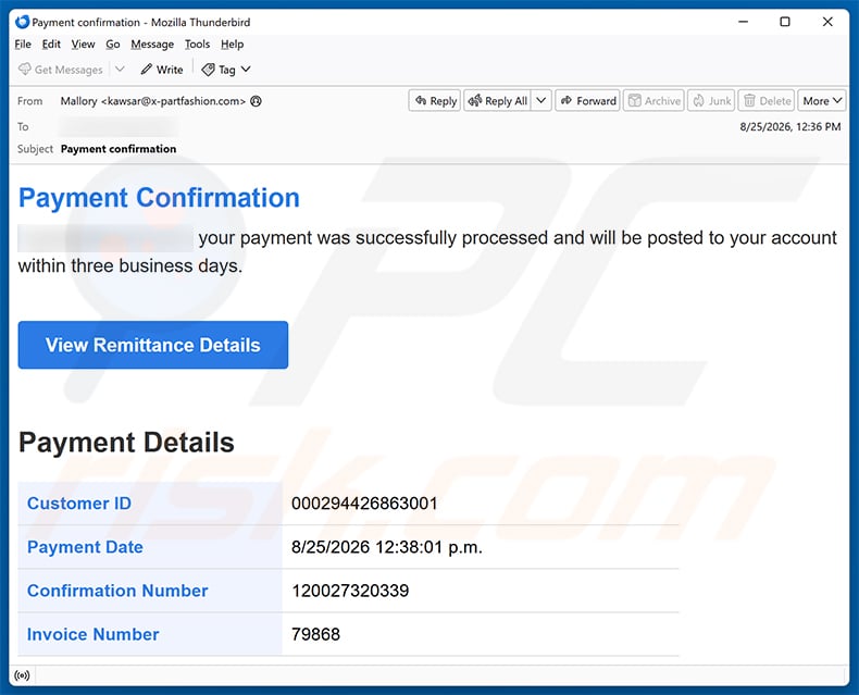 Payment Confirmation Email Scam (2026-08-26)