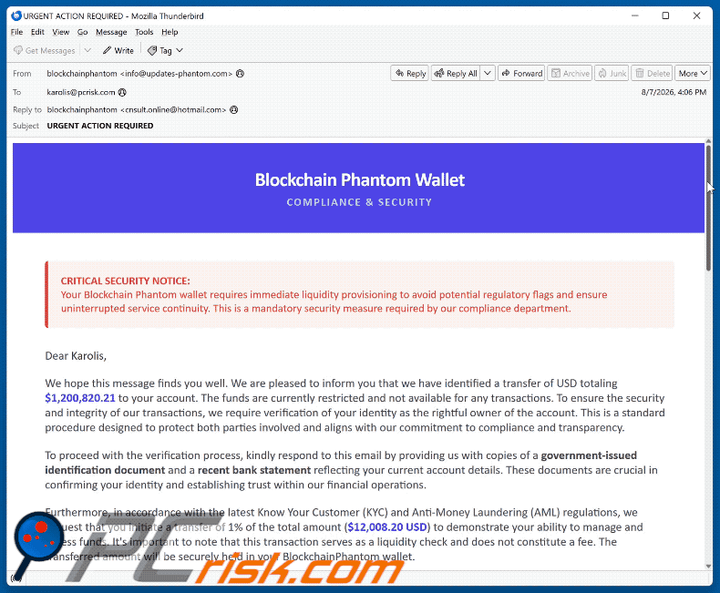 Phantom Wallet Identity Confirmation email scam (GIF)