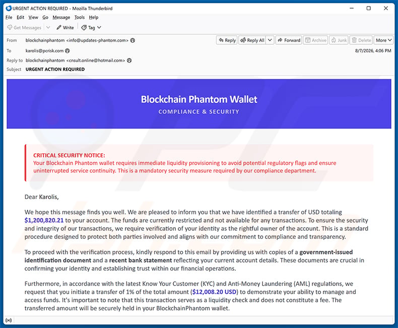 Phantom Wallet Identity Confirmation Email Scam