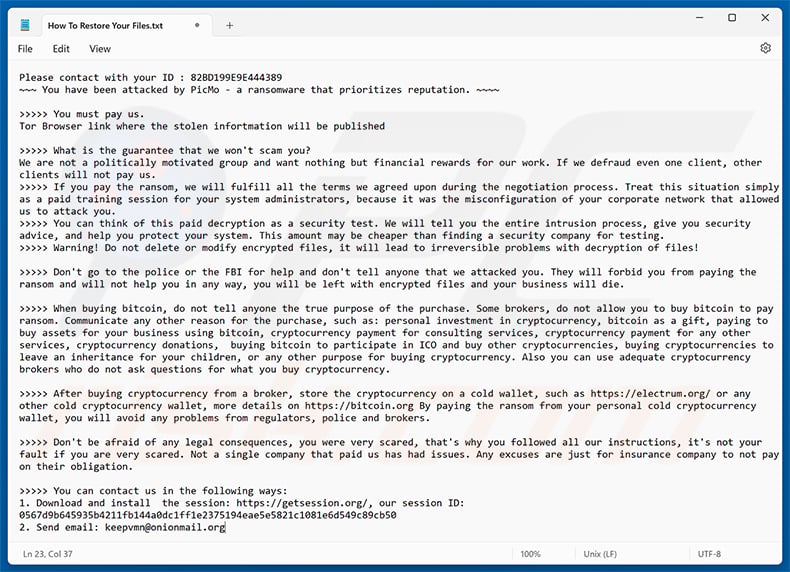 PicMo ransomware ransom note (How To Restore Your Files.txt)