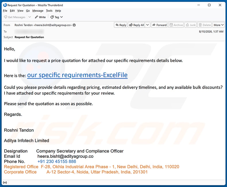 Price Quotation Request Email Scam email spam campaign