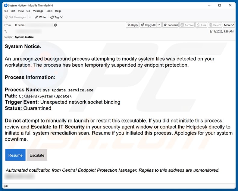 Process Attempting To Modify System Files email spam campaign