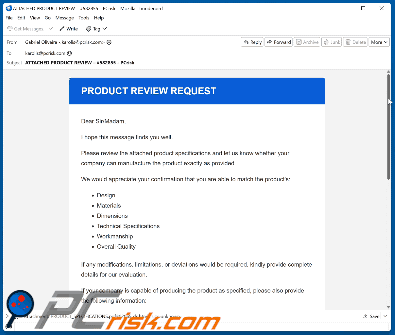 Product Review Request Email Scam email appearance