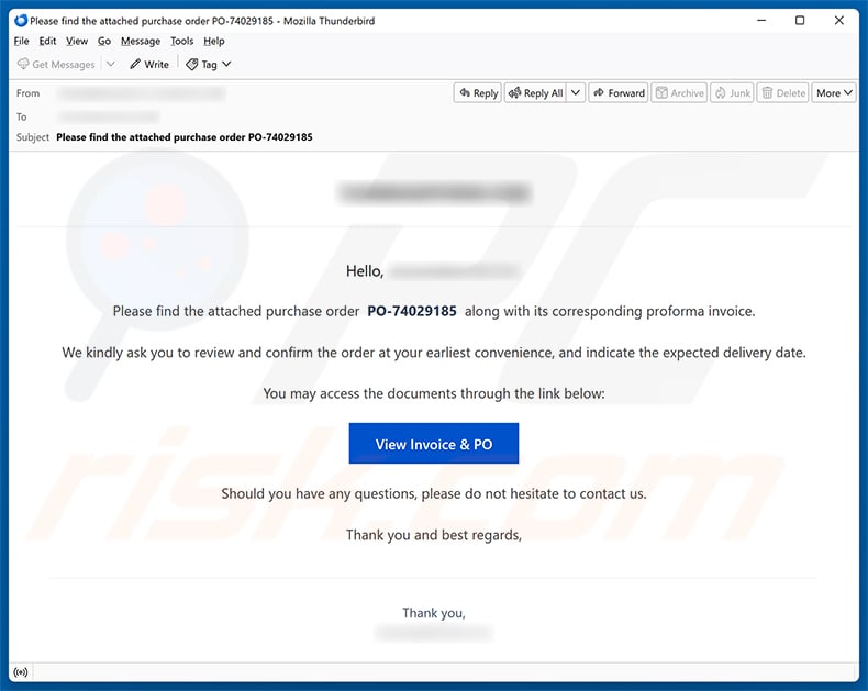 Purchase Order And Proforma Invoice Confirmation Email Scam email spam campaign