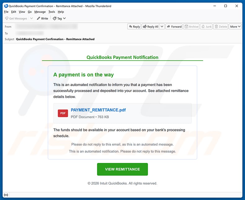 QuickBooks Payment Is On The Way Email Scam email spam campaign