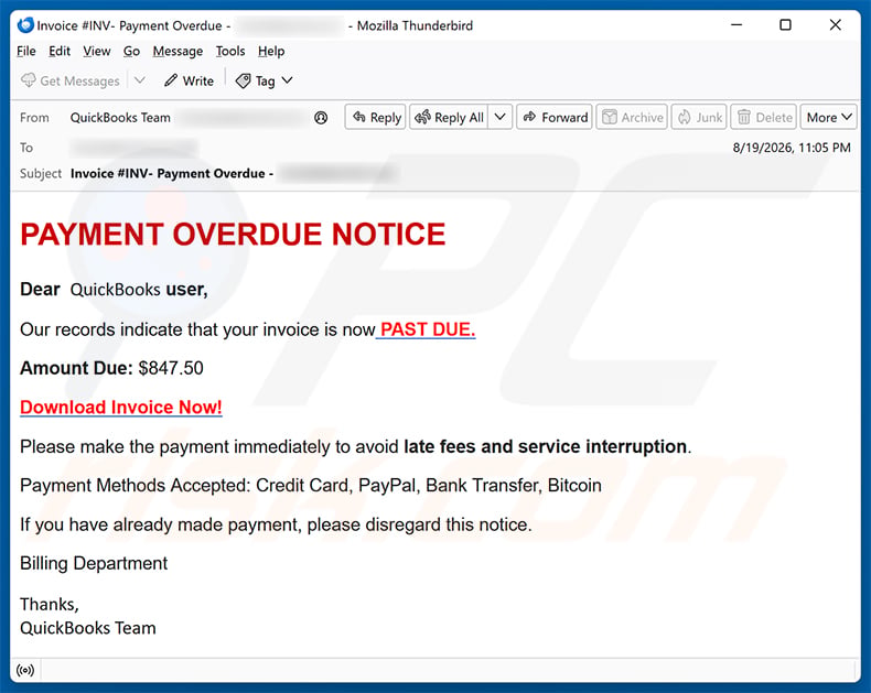 QuickBooks - Payment Overdue Email Scam email spam campaign