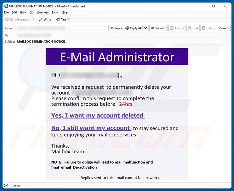 Request To Permanently Delete Your Account email spam campaign