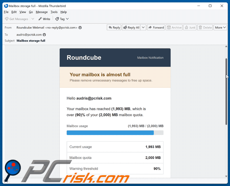 Roundcube Mailbox Is Almost Full email scam (GIF)