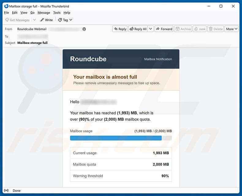 Roundcube Mailbox Is Almost Full email spam campaign