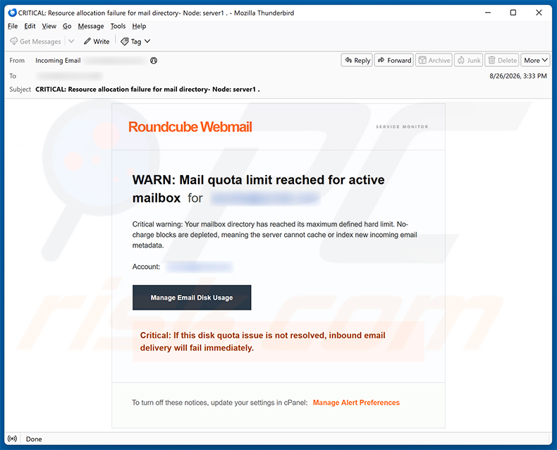 Roundcube mail quota limit reached email scam (2026-08-27)
