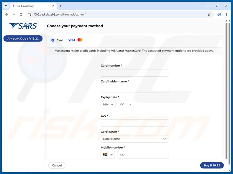 SARS Tax Refund Email Scam credit card details collection page