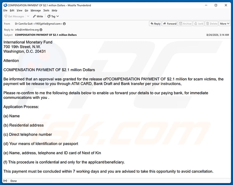 Scam Victim Compensation Funds email scam (2026-08-25)