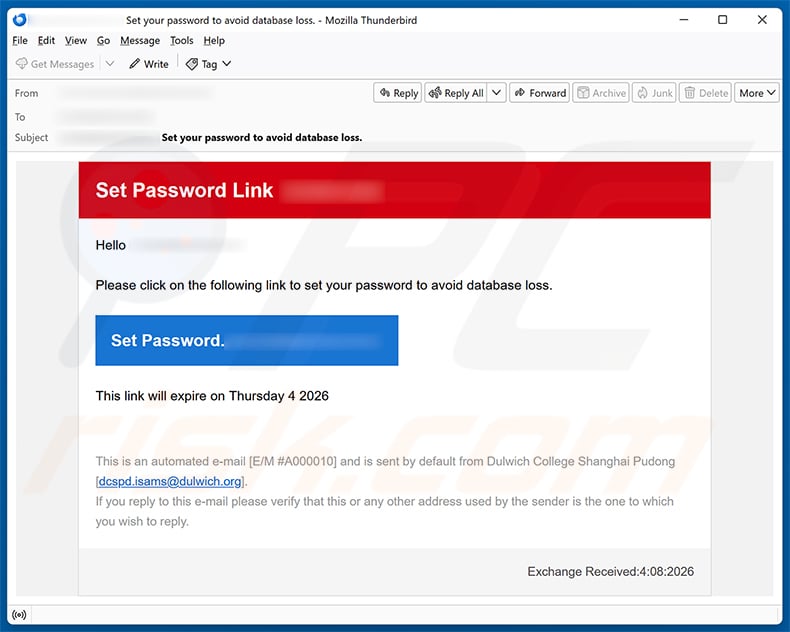 Set Your Password To Avoid Database Loss email spam campaign