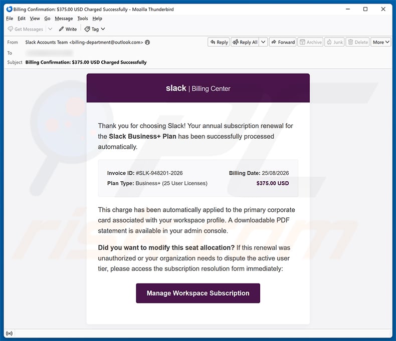 Slack Annual Subscription Renewal Email Scam email spam campaign