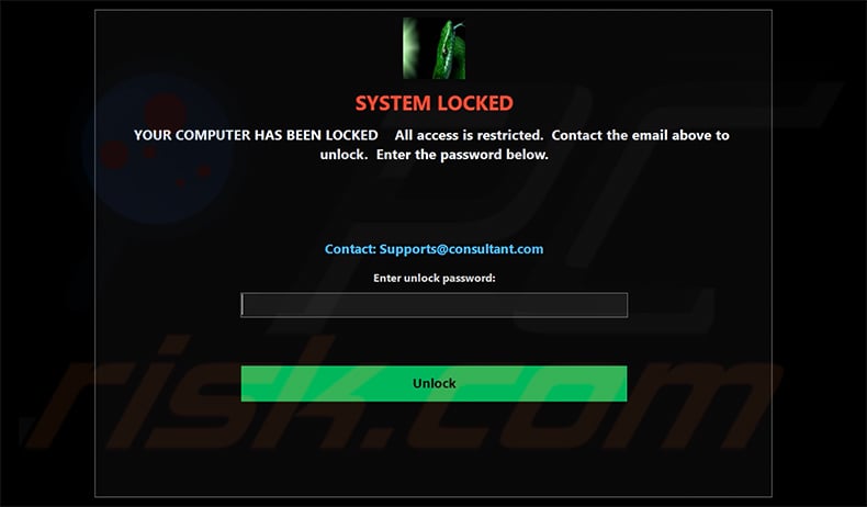 SnakeBiteAgent RAT lock screen displayed on an infected computer