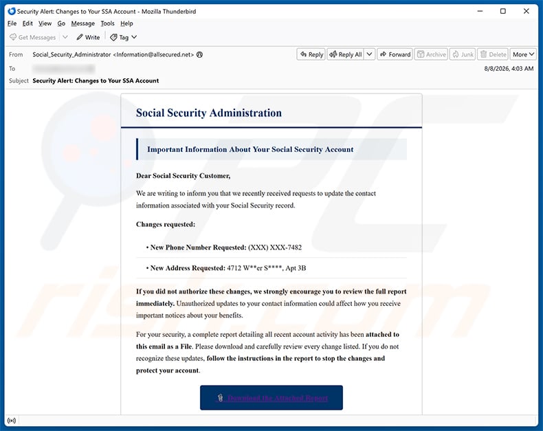 Social Security Administration - Contact Information Email Scam email spam campaign