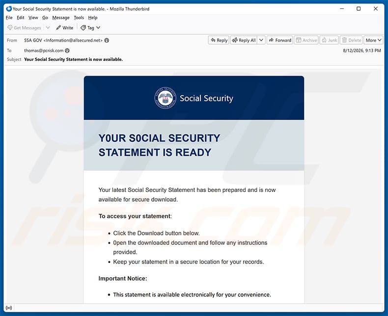 Social Security Administration scam email (2026-08-13)